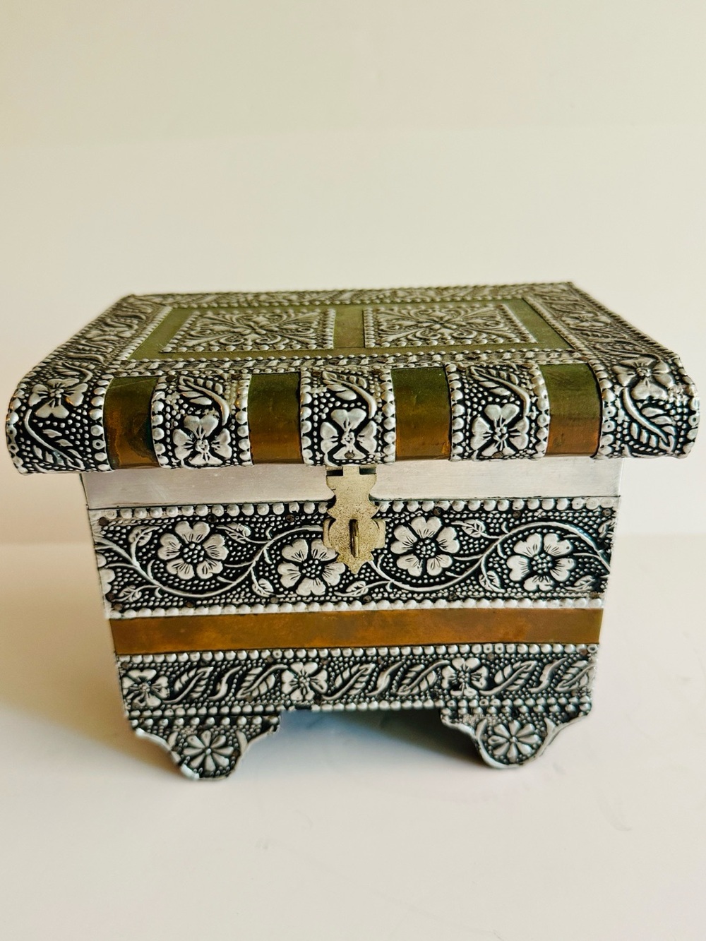 Vintage Tin and Copper Floral Embossed Jewelry Box with Mirrors + Velvet lining.
